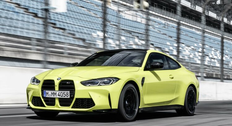 BMW M4 (2020) : 3/4 avant gauche jaune
