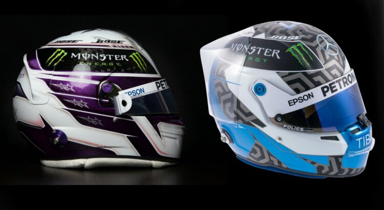 Lewis Hamilton (gauche) conserve les lignes qu'il a depuis plusieurs saisons mais il a hésité entre plusieurs teintes de violet pour la saison 2020. Valtteri Bottas (droite) aura encore un casque blanc, gris et bleu