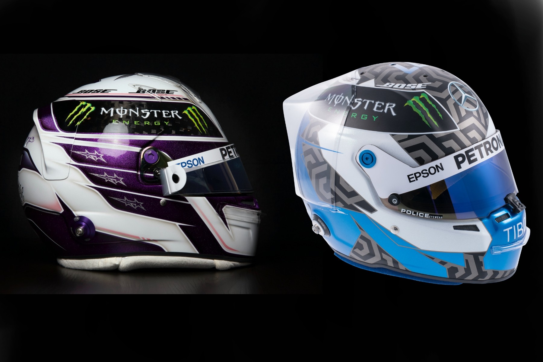 Lewis Hamilton (gauche) conserve les lignes qu'il a depuis plusieurs saisons mais il a hésité entre plusieurs teintes de violet pour la saison 2020. Valtteri Bottas (droite) aura encore un casque blanc, gris et bleu