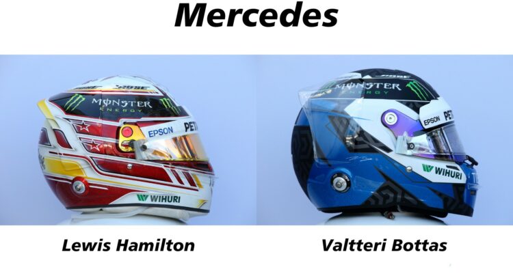 Les casques de Lewis Hamilton et Valtteri Bottas